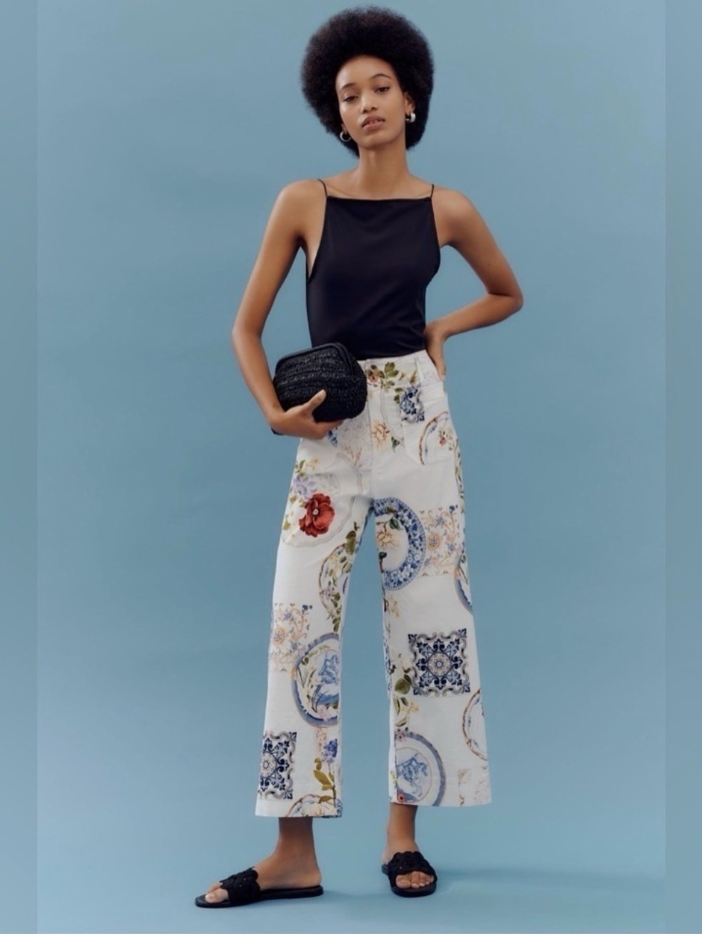 Anthropologie Colette Cropped Wide-Leg Pants Maeve White Floral Cotton Sz 27